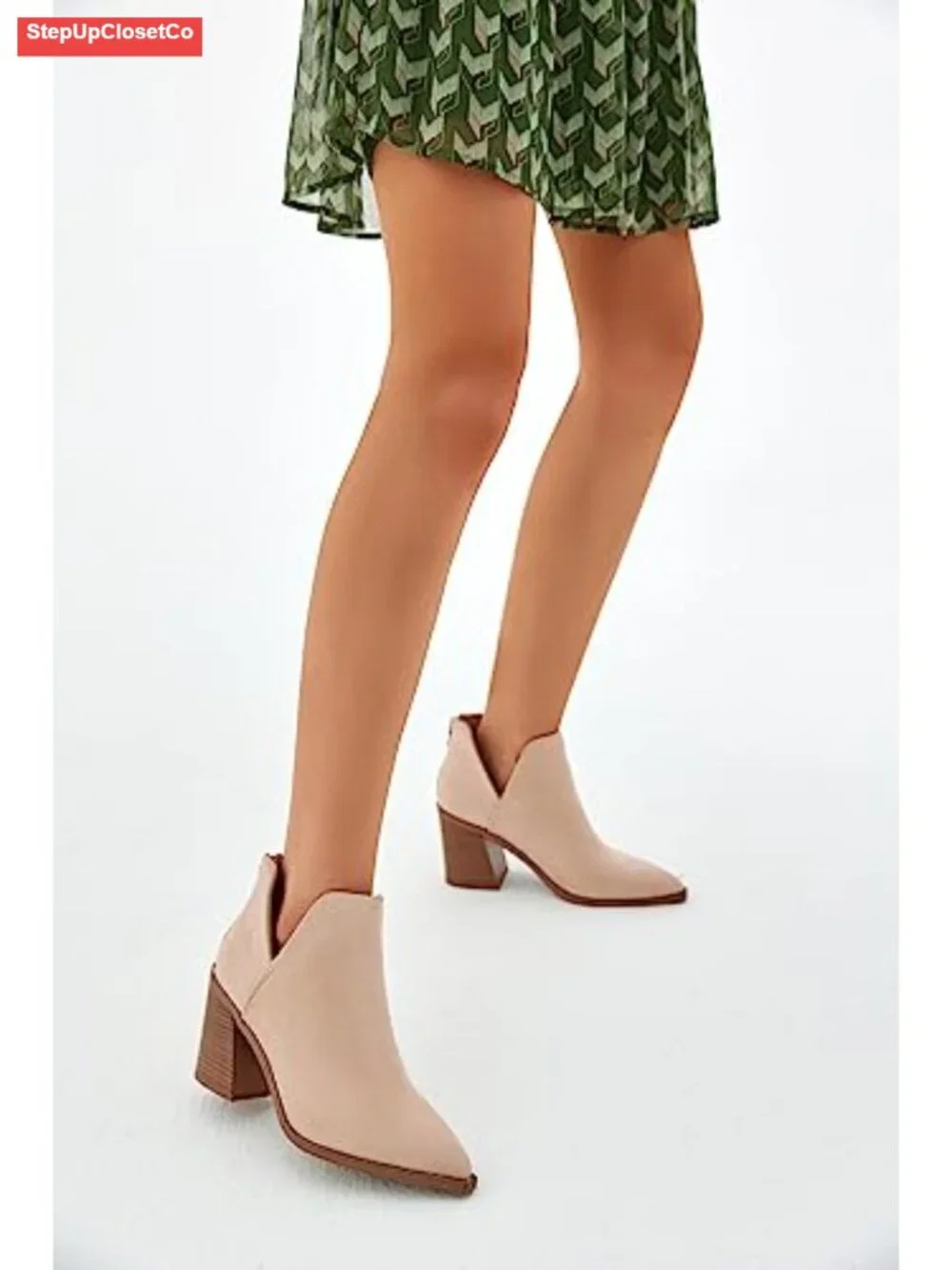 Slip on Ankle Boots V Cutout Pointed Toe Chunky Stacked Heel Booties Faux